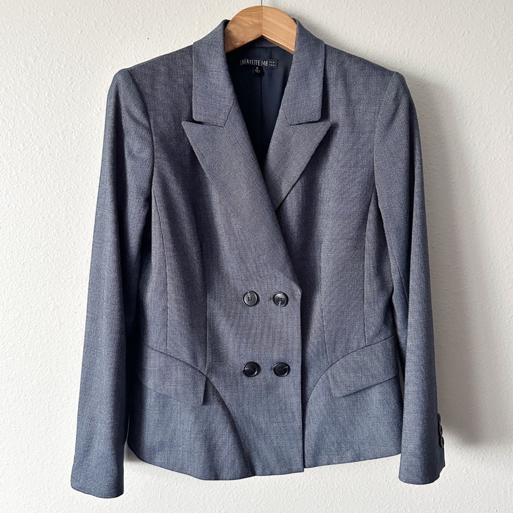 LAFAYETTE 148 NEW YORK‎ Virgin Wool & Silk Navy Double Breasted Blazer Size 12